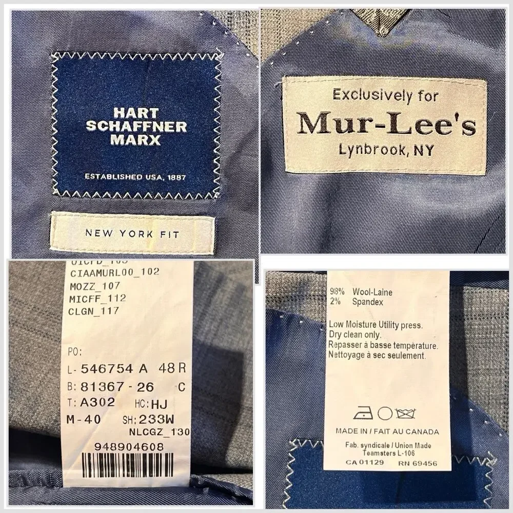Hart Schaffner Marx New York Fit 48R 41x27 Blue Plaid Classic Suit
